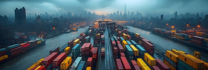 Aerial panoramic view of a busy international container port during a stormy,overcast day with a dramatic cityscape in the background.