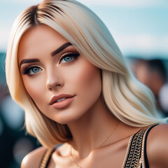 Fototapeta premium Natural portrait of blonde woman with blue eyes and smooth makeup