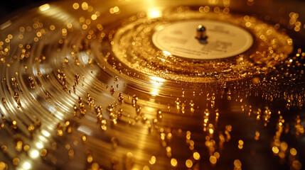 Golden vintage vinyl record on turntable during cozy, retro concept background. Generative AI