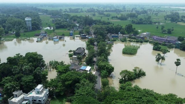 Ariel view shot of West Bengal flood by river Damodar and Mundeshwari in rainy season.