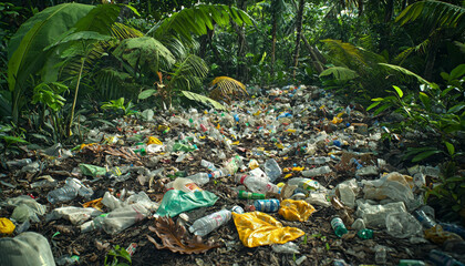 Obraz premium A cluttered landscape filled with plastic waste amidst lush greenery, highlighting environmental pollution and its impact on nature.