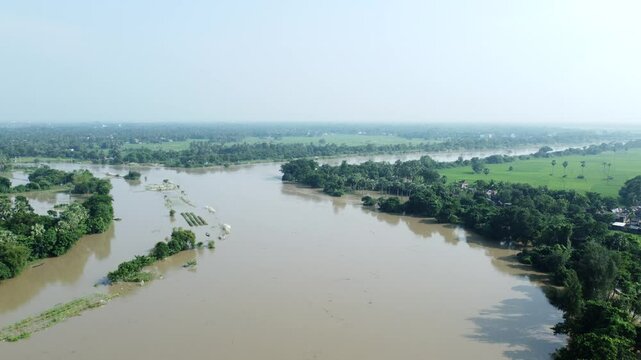 Ariel view shot of West Bengal flood by river Damodar and Mundeshwari in rainy season.