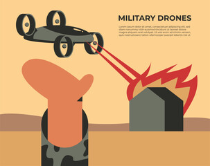 Soldier operating of flying drone. Modern technology army military. House in fire. Flat vector illustration in cartoon style.