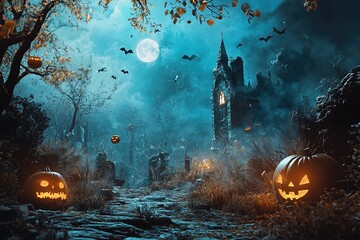 Mystical Halloween Atmosphere with Bats and a Bright Full Moon