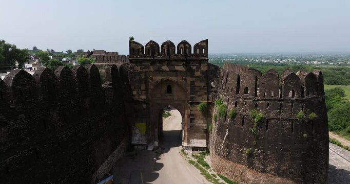 Establishing Drone Shot Above Rohtas Fort on Hot Summer Day in Pakistan