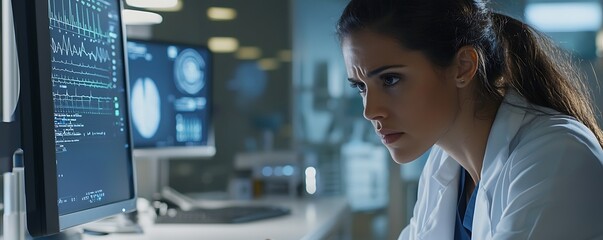 Female doctor in a hospital setting, focusing on cybersecurity projects on her computer.