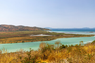Obraz premium Sarande, Albania 7-30-2024 Butrint National park south of Sarande, is a UNESCO heritage side with historical buildings and theaters dating back to ancient Greek and Roman times.