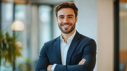 Fototapeta premium Confident business professional in suit smiling in bright modern office