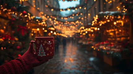 Festive Christmas market with a holiday mug Generative AI