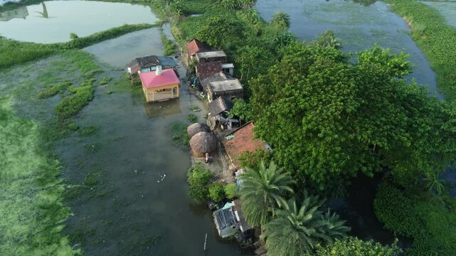 Ariel view shot of West Bengal flood by river Damodar and Mundeshwari in rainy season.