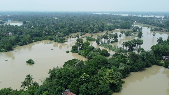 Ariel view shot of West Bengal flood by river Damodar and Mundeshwari in rainy season.