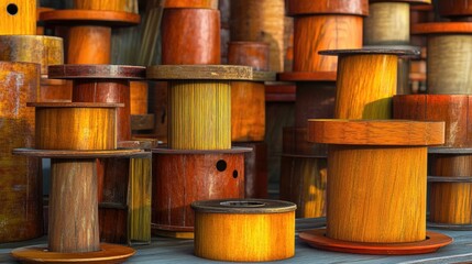 A collection of wooden spools, some with metal parts, stacked and arranged in a random pattern. The spools are weathered and worn, showing signs of age and use.