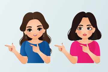 Cute cartoon Young women smiling to while presenting with hand and pointing with finger