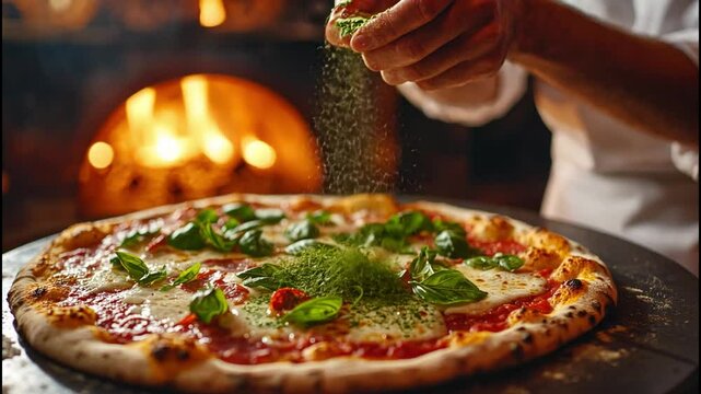 A close-up of a chef's hands sprinkling fresh basil on a steaming Margherita pizza just out of a brick oven, with the glowing embers visible in the background. The setting emphasizes the artisanal qua