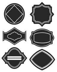 Set of vintage label vector icons in solid black silhouette style with classic shapes and frames.