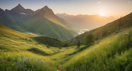 Obraz premium A serene mountain valley unfolds against a backdrop of emerald hills, where greenery sprawls in lush abundance. Landscape Nature Background