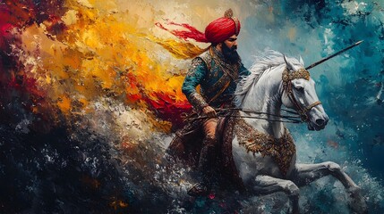 Majestic Sikh warrior on horseback wielding an ornate sabre,clad in a vibrant turban,with a valiant expression and dynamic movement.