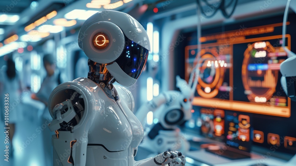 Poster A lively, futuristic school lab, where students and teachers are working together on AI-powered projects. robot assist in coding.