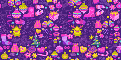 Christmas seamless pattern with festive decorations. Winter holidays and New Year backdrop with gifts, skates, toys, and baubles. Endless hand-drawn vector illustration.