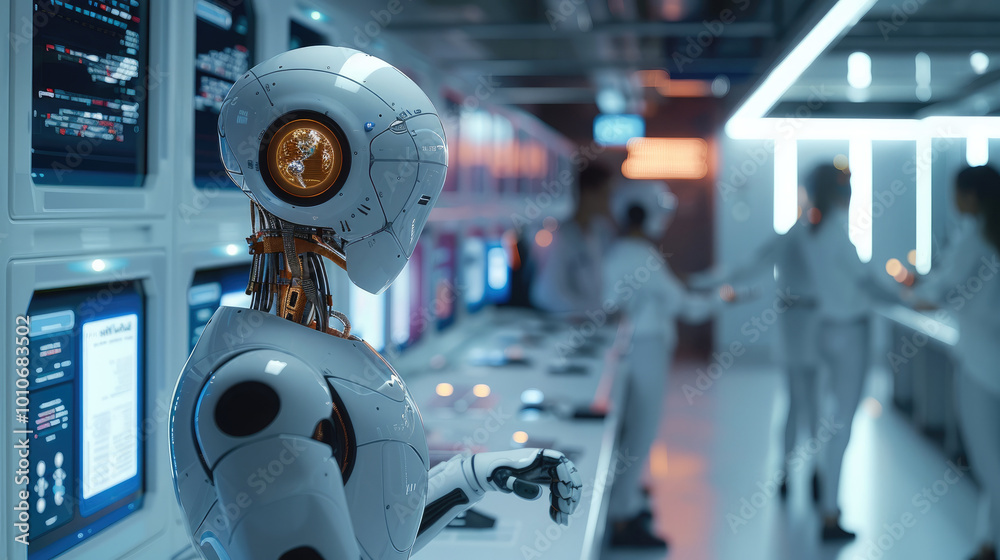 Poster A lively, futuristic school lab, where students and teachers are working together on AI-powered projects. robot assist in coding.