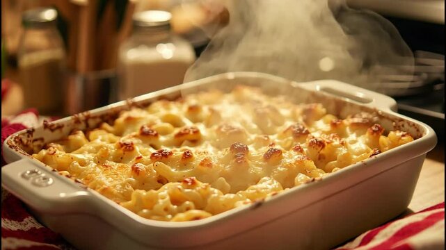 A freshly baked baking sheet filled with bubbling golden brown macaroni and cheese.