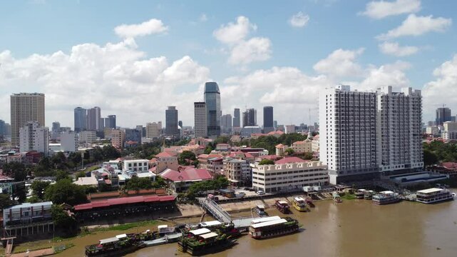 Phnom Penh Kandal market Mekong river Cambodia, Asia city riverfront aerial