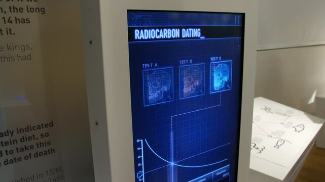 A scientist in laboratory using a touchscreen computer with radiocarbon dating results for three skulls. The screen includes a Carbon and a graph for scientific analysis and dating of ancient remains