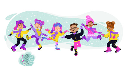 Fototapeta premium Boys and girls jumping in bright winter clothes. Happy children have fun on the snow. Winter outdoor activity. Cartoon multi-ethnic kids. Hand-drawn colorful flat vector illustration.