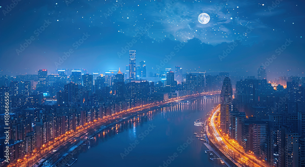 Aufkleber modern city skyline with illuminated buildings and the moon in sky.