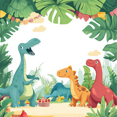 Naklejka premium dinosaur jurassic era concept celebration birthday background with bright colors gifts, cake, balloons, confetti with birthday candles
