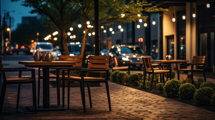 Fototapeta premium Empty Tables on a Brick Street in a City at Night