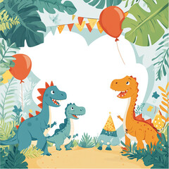 dinosaur jurassic era concept celebration birthday background with bright colors gifts, cake, balloons, confetti with birthday candles