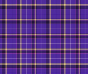 Plaid fabric pattern, purple, black, yellow, seamless for textiles, and for designing clothes, skirts, pants or decorative fabrics. Vector illustration.