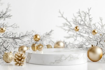 Fototapeta premium White marble cosmetic podium product and Christmas golden decoration. Product presentation scene for cosmetic or beauty product presentation on white background. Front view. with generative ai