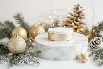 White marble cosmetic podium product and Christmas golden decoration. Product presentation scene for cosmetic or beauty product presentation on white background. Front view. with generative ai