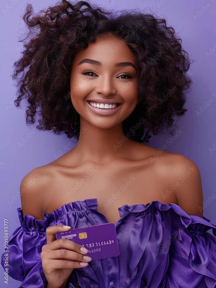 Sticker A woman smiling, wearing an elegant blouse and holding a purple credit card in her hand, against a purple background.