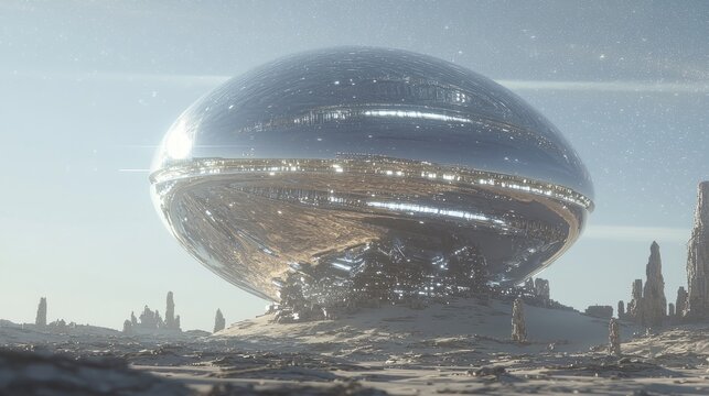 Futuristic Hyperealistic 3D Render of Advanced Alien Spaceship Hovering over Desolate Landscape in 8K Resolution