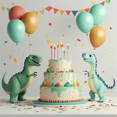 dinosaur jurassic era concept celebration birthday background with bright colors gifts, cake, balloons, confetti with birthday candles
