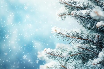 Winter background with fir branches and snowflakes with generative ai