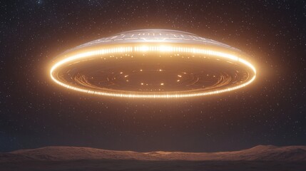 Fototapeta premium Futuristic Alien Spaceship in Hyperealistic 3D Render Floating Above Alien Desert with Starry Galaxy Background - 8K Detailed Illustration
