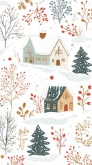 Hand-Drawn Cute Christmas Seamless Pattern with Tiny Houses and Snow on White Background