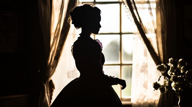 Silhouette of Victorian woman by a window