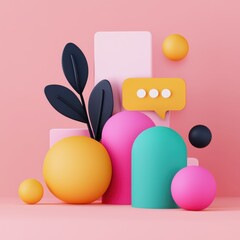A vibrant 3D composition featuring colorful shapes and leaves, set against a soft pink background, creating a playful and modern aesthetic.
