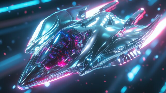 Advanced Civilization Alien Spacecraft in Hyperealistic 3D Render with Holographic Displays and Energy Shields on Starry Galaxy Background - 8K Quality