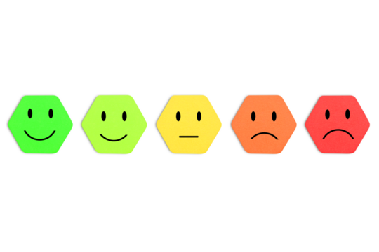 Emotion feedback scale. Includes such emoticon as angry, sad, neutral, joy and happy expression, arranged into a horizontal row. Customer's service and evaluation review sign. PNG
