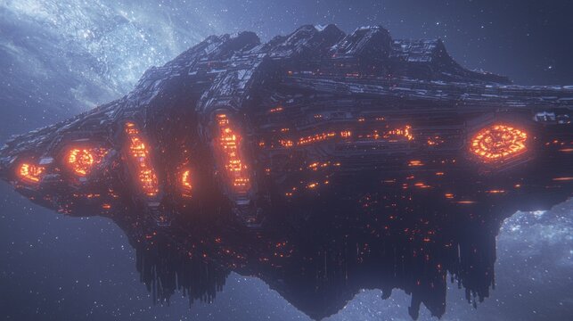 Hyperrealistic 3D Render of Colossal Alien Fortress Spaceship in Starry Galaxy - 8K Detail