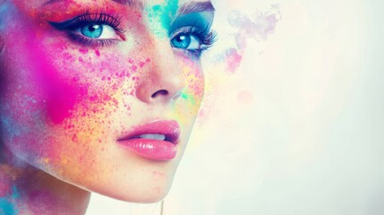 Vibrant Surreal Beauty Portrait of a Youthful Woman with Creative Colorful Makeup and Digital Art Effects