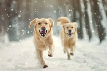 Two golden retriever dogs joyfully dash through the snowy forest, their playful energy radiating against the serene winter backdrop, surrounded by falling snowflakes.