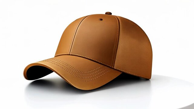 A brown leather baseball cap sits on a white surface