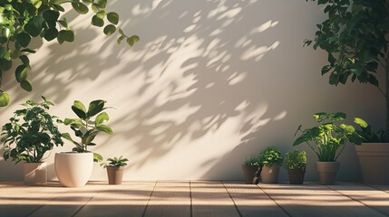 A minimalist room with potted plants and wooden floor against a white wall with shadows of plants.